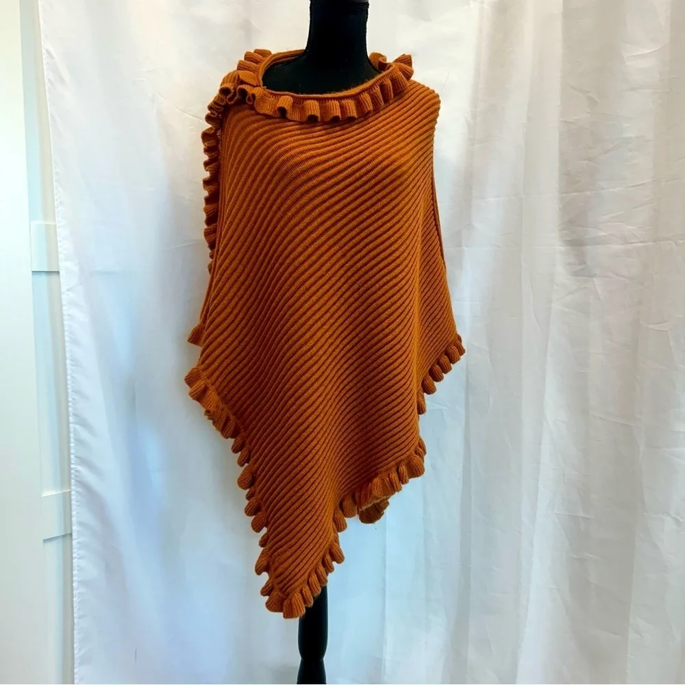 sarajane burnt orange ruffle frill knit cape shrug poncho shawl NWOT